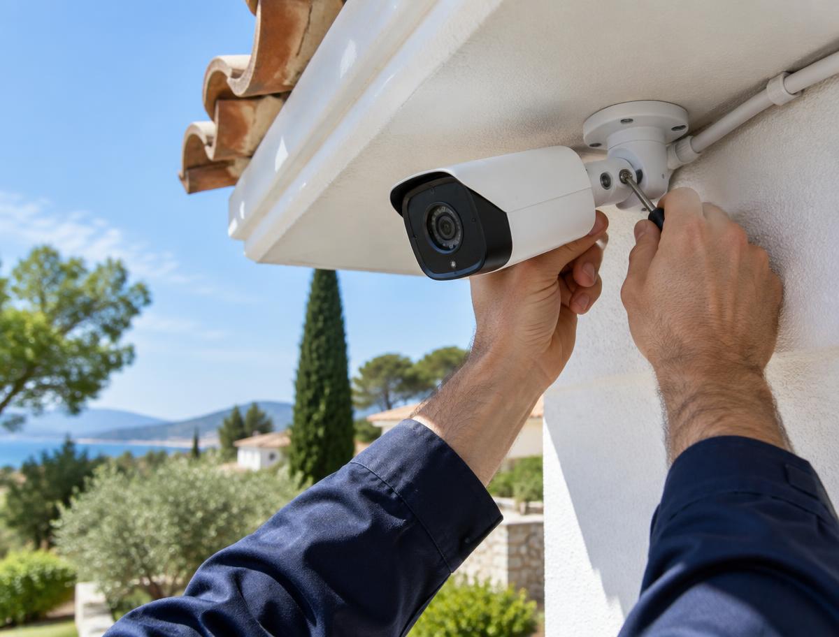 Pose soignée d'une caméra de surveillance extérieure