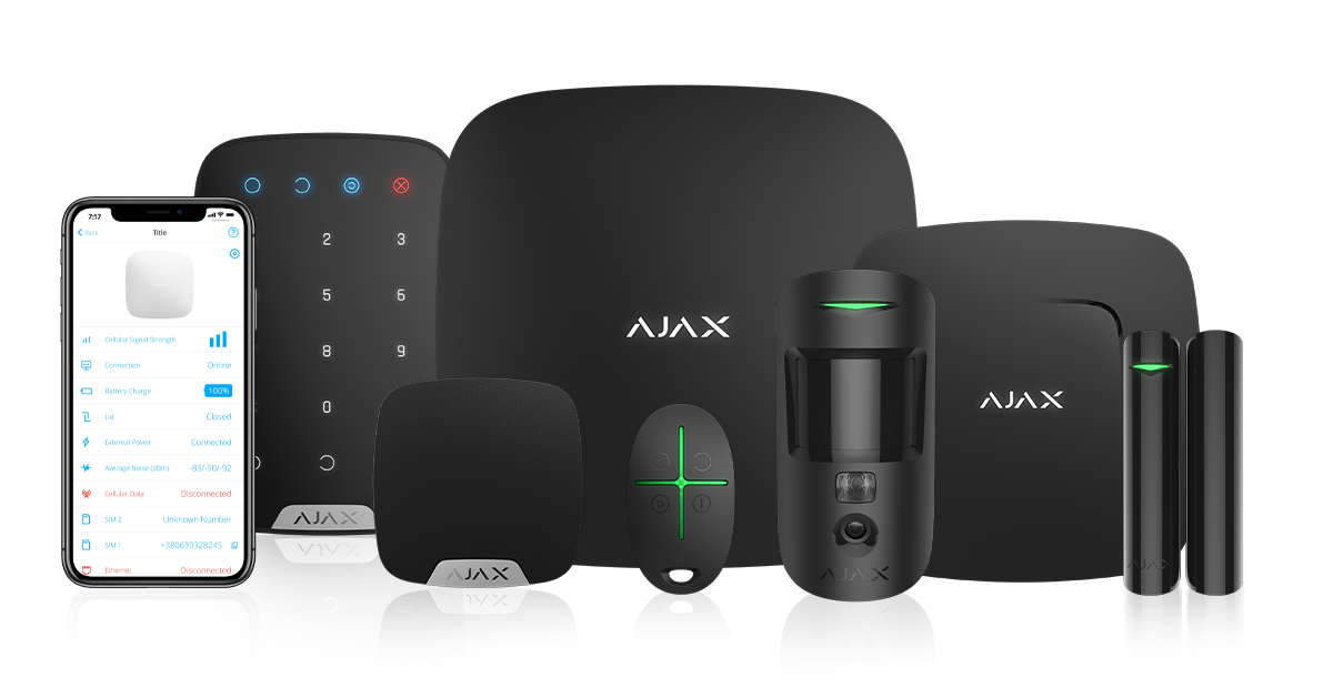 Gamme Ajax noire : centrale, clavier, sirène, détecteurs de mouvement et d'ouverture, télécommande et application mobile
